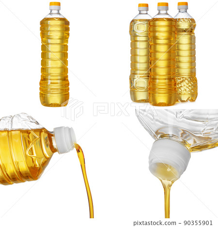 Sunflower oil bottles collage on white background 90355901