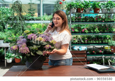 Portrait of garden center manager working with flowers and talking on phone Portrait of garden center manager working with flowers and talking on phone 90356580