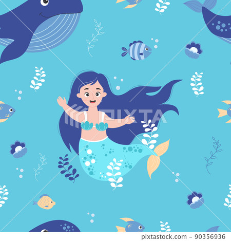 Seamless pattern with cute mermaid, blue whale with fish, seaweed and pearls on light blue background. Vector illustration for design, decor, wallpaper, packaging, print. 90356936