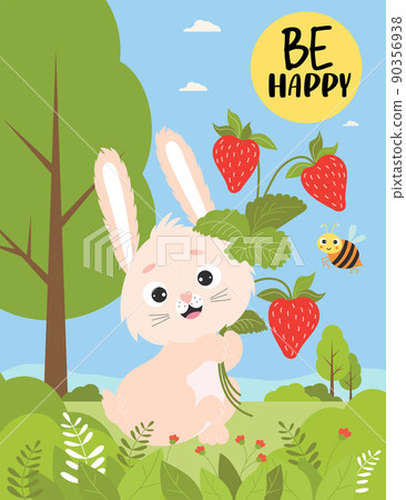Summer poster with cute hare with bouquet of strawberries and funny bee on background of summer landscape - Be happy. Vertical Vector illustration with rabbit character for design, postcards, flyers. 90356938