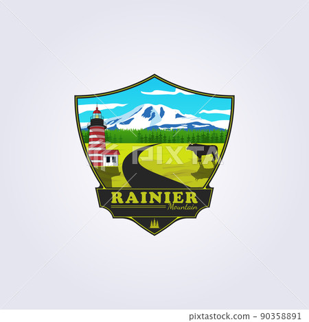 rainier mountain, livestock, farmland logo vector illustration design in badge rainier mountain, livestock, farmland logo vector illustration design in badge 90358891
