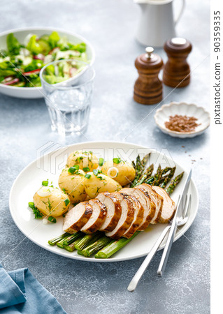 Roasted chicken breast, boiled new potato and grilled asparagus Roasted chicken breast, boiled new potato and grilled asparagus 90359335