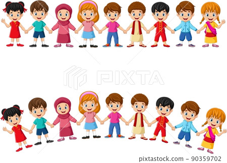 Cartoon group of multiethnic children holding hands 90359702