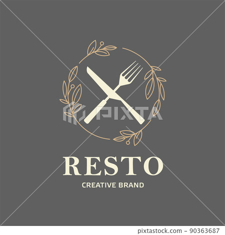 cutlery icon with linear circle floral decoration 90363687