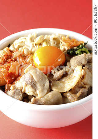 Bibimbap bowl with lots of ingredients such as bean sprout namul, kimchi, and pork Bibimbap bowl with lots of ingredients such as bean sprout namul, kimchi, and pork 90363867