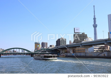 Water bus on the Sumida River, Asakusa Komagata Bridge, Sky Tree 90363922