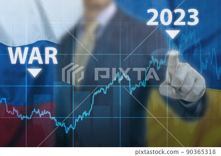 Economic recovery after war. economic recovery after Russia invasion in Ukraine 2022. Businessman pointing graph corporate future growth plan 90365318
