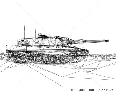 battle tank on sand wire frame ,3d rendering 90365996