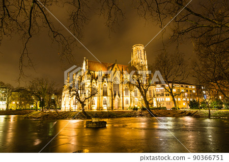 St. John's Church at night surrounded by a pond in Stuttgart, Germany St. John's Church at night surrounded by a pond in Stuttgart, Germany 90366751