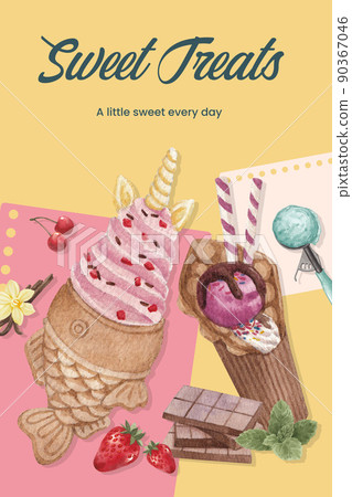 Poster template with ice cream flavor concept,watercolor style Poster template with ice cream flavor concept,watercolor style 90367046