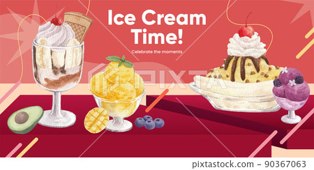 Blog header template with ice cream flavor concept,watercolor style Blog header template with ice cream flavor concept,watercolor style 90367063
