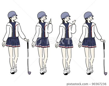 Golf pose female golf illustration set facial expression set 90367236