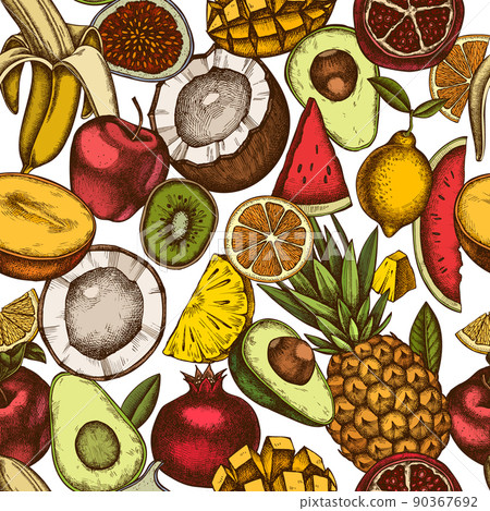 Fruits seamless pattern background design. Engraved style. Hand drawn bananas, kiwi etc. Fruits seamless pattern background design. Engraved style. Hand drawn bananas, kiwi etc. 90367692