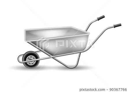 Steel realistic wheelbarrow. Empty device for hauling trash and helping with gardening Steel realistic wheelbarrow. Empty device for hauling trash and helping with gardening 90367766