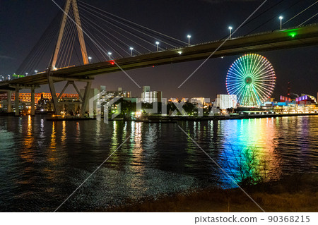 可以看到摩天輪的大阪河邊夜景 90368215