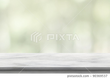 marble table top with blurred kitchen cafe restaurant interior background 90369537