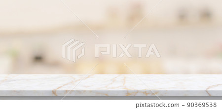 marble table top with blurred kitchen cafe restaurant interior background 90369538