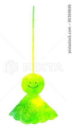 Teru teru bozu with a yellow-green smile Hand-painted watercolor illustration material of early summer and rainy season 90369686