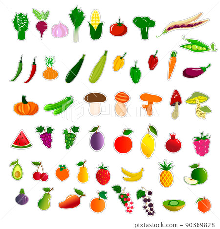 Collection of stickers with vegetables, mushrooms and fruits. Vector illustration. For use in products, food stores, markets, labels, packaging, prints and logos. 90369828
