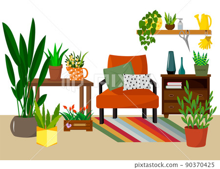 Balcony garden - chair with cushions, chest of drawers and various flowers. Place for rest with flowers and boxes for seedlings. Vector illustration. For use in brochures, flyers, advertising illustra 90370425