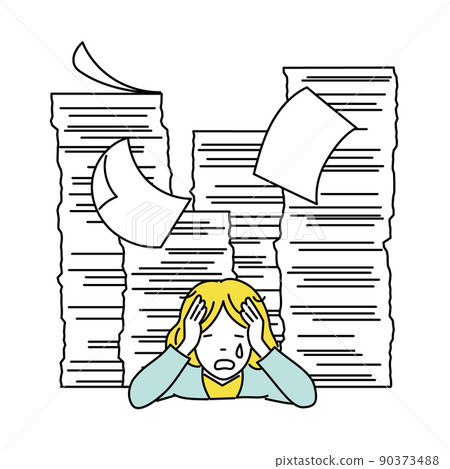 一名女上班族因無紙化辦公室沒有進展而被大量工作文件壓垮並哀悼的插圖 90373488