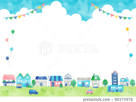 Watercolor summer bustling residential area frame 90373978