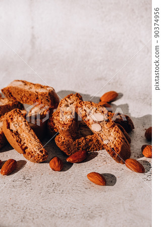 Homemade fresh Italian cookies cantuccini stacks and organic almond seeds. Biscotti Cantuccini Cookie Biscuits with Almonds Shortbread. Healthy eating food. Vegan dieting vegetarian 90374956