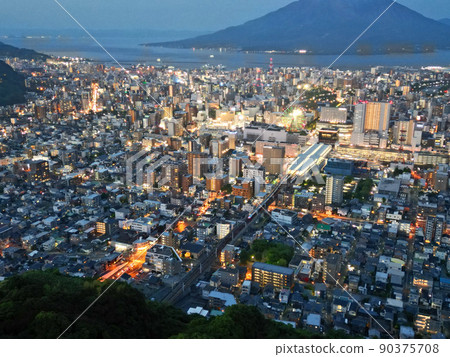 Night view aerial view near Kagoshima Central Station from the forest of Takeoka Park 90375708