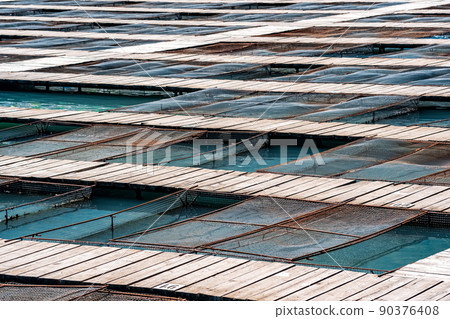 aquaculture installations with fish cages on a fish farm 90376408