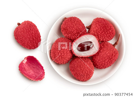 lychee fruit in ceramic bowl isolated on white background with full depth of field. Top view. Flat lay 90377454
