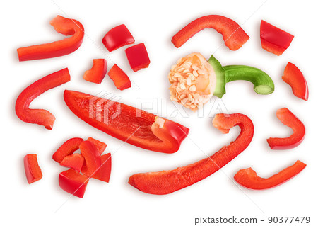 slices of red sweet bell pepper isolated on white background. Top view. Flat lay slices of red sweet bell pepper isolated on white background. Top view. Flat lay 90377479