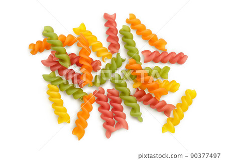 raw Fusilli colored pasta, isolated on white background with full depth of field. Top view. Flat lay 90377497