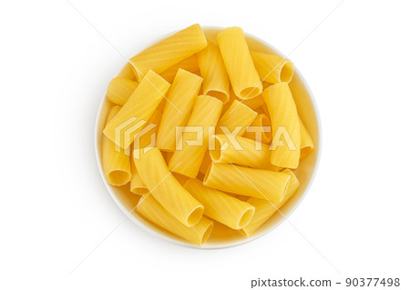 raw italian Rigatoni pasta in ceramic bowl isolated on white background with full depth of field. Top view. Flat lay 90377498