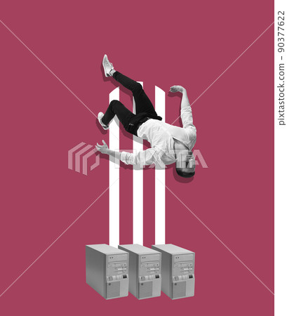 Contemporary art collage and modern design. Sleeping man falling down on pink background. Concept of idea, inspiration, creativity and art. Minimalism Contemporary art collage and modern design. Sleeping man falling down on pink background. Concept of idea, inspiration, creativity and art. Minimalism 90377622
