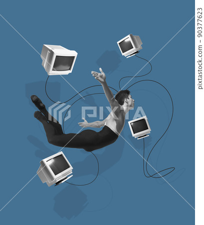 Contemporary art collage and modern design. Young man flying among vintage retro computers on blue background. Concept of idea, ai, inspiration, creativity and art. Contemporary art collage and modern design. Young man flying among vintage retro computers on blue background. Concept of idea, ai, inspiration, creativity and art. 90377623