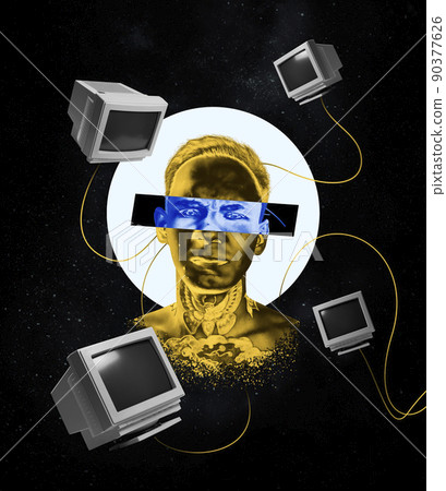 Contemporary art collage. Man's head silhouette and retro computer isolated over black background. Concept of digitalization, artificial intelligence, technology era, cyberspace 90377626