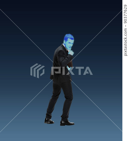 Contemporary art collage and modern design. Young business man with hologram instead face on dark blue background. Concept of idea, inspiration, creativity and art. Minimalism Contemporary art collage and modern design. Young business man with hologram instead face on dark blue background. Concept of idea, inspiration, creativity and art. Minimalism 90377629