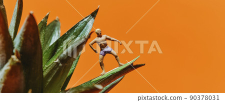 mini surfer man on a pineapple, web banner 90378031