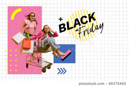 Creative poster, flyer with two happy girls with shopping bags ride on shop cart isolated on colorful abstract background. Concept of sales, black friday, discount, emotions 90378408