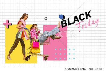 Creative poster, flyer with two happy girls with shopping bags ride on shop cart isolated on colorful abstract background. Concept of sales, black friday, discount, emotions 90378409