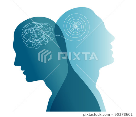 Metaphor bipolar disorder mind mental. Double face. Split personality. Concept mood disorder. Dual personality concept. 2 Head silhouette.Mental health. Psychology. Tangle and untangle Metaphor bipolar disorder mind mental. Double face. Split personality. Concept mood disorder. Dual personality concept. 2 Head silhouette.Mental health. Psychology. Tangle and untangle 90378601