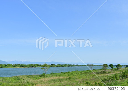 Downstream water flow and vegetation (Kiso River) Downstream water flow and vegetation (Kiso River) 90379403