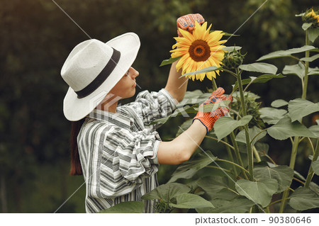 Young woman with sunflowers. Lady in a hat. Girl in a garden. Young woman with sunflowers. Lady in a hat. Girl in a garden. 90380646