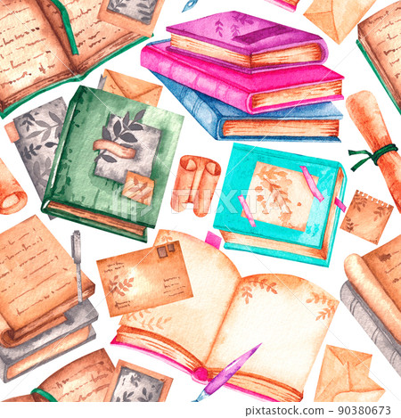 Watercolor pattern with books and stationery 90380673