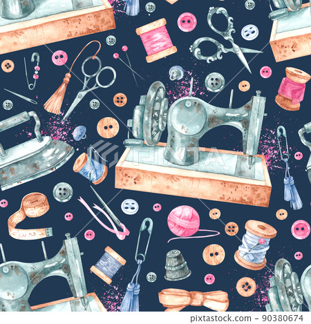 Watercolor sewing pattern with dark background 90380674