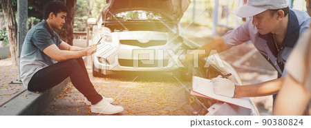 Asian man using smartphone for assistance after a car breakdown on street. Concept of vehicle engine problem or accident and emergency help from Professional mechanic Asian man using smartphone for assistance after a car breakdown on street. Concept of vehicle engine problem or accident and emergency help from Professional mechanic 90380824