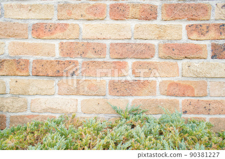 Brick wall and green of plants Brick wall and green of plants 90381227