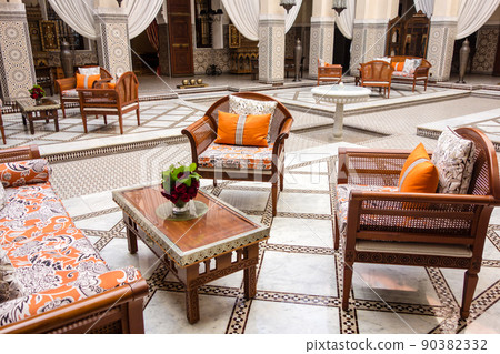The lobby of a historic luxury hotel in the city of Marrakech, Morocco 90382332