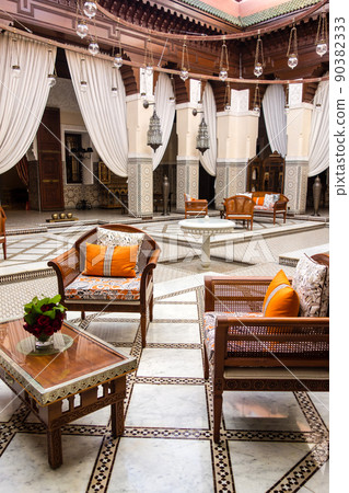 The lobby of a historic luxury hotel in the city of Marrakech, Morocco 90382333