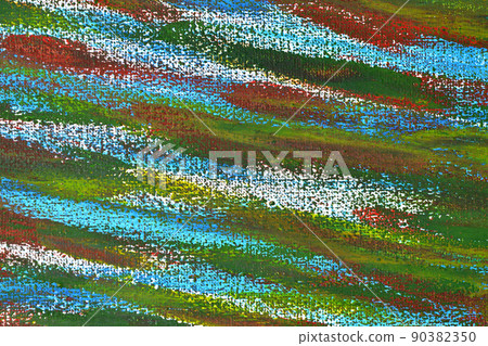 Creative background of colorful brush strokes on canvas closeup. Abstract art background from smeared brush strokes of green red white blue yellow colors macro. Drawing painting paint texture backdrop 90382350